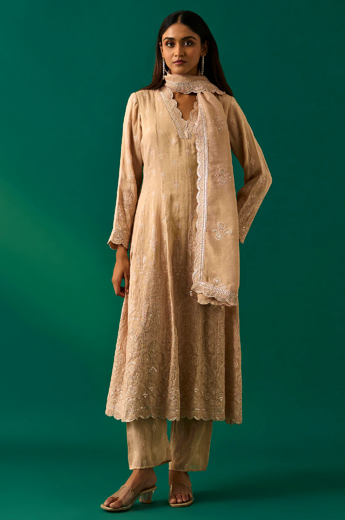 Beige Embroidered Anarkali Kurta with Straight Pant